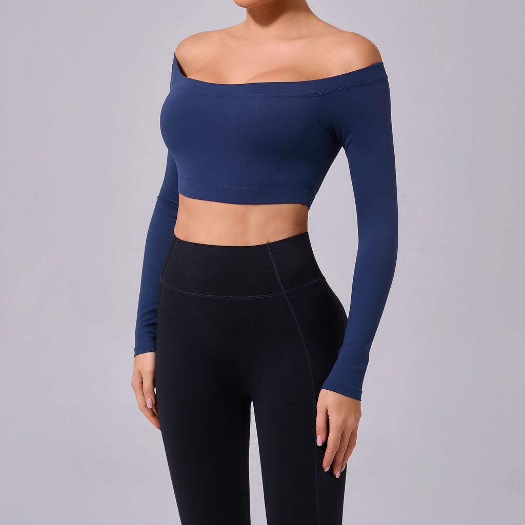 Off Shoulder T shirt Long Sleeve Yoga Clothes Women Brushed Tight Fitness Clothes Outer Sports Running Top