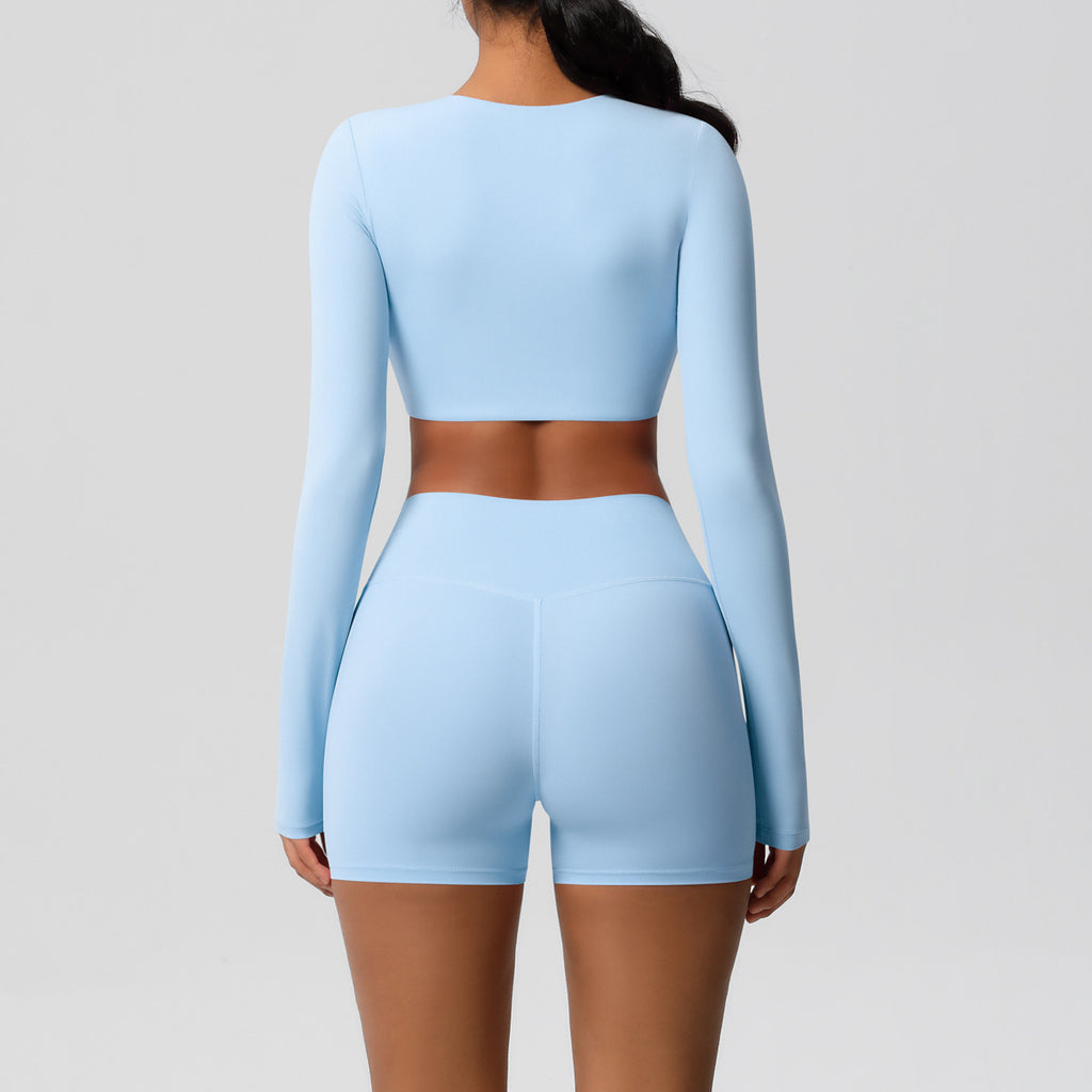 Fitness Clothes Tight Brushed Long Sleeve with Chest Pad Yoga Clothes Pilates Top Sports Shorts Yoga Set