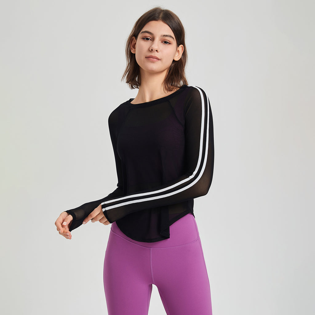 Sports T Shirt Women Color Matching Mesh Quick Drying Long Sleeve Slim Fit Breathable Running Fitness Top Yoga Clothes Blouse