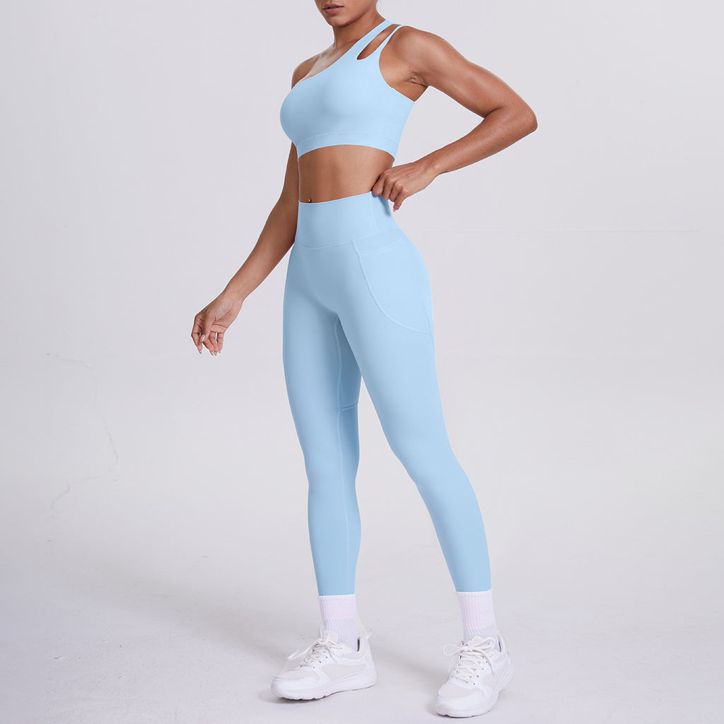 Soutien-gorge de yoga asymétrique dos nu effet seconde peau, sous-vêtements de sport, pantalon de yoga/course, pantalon de fitness avec poches