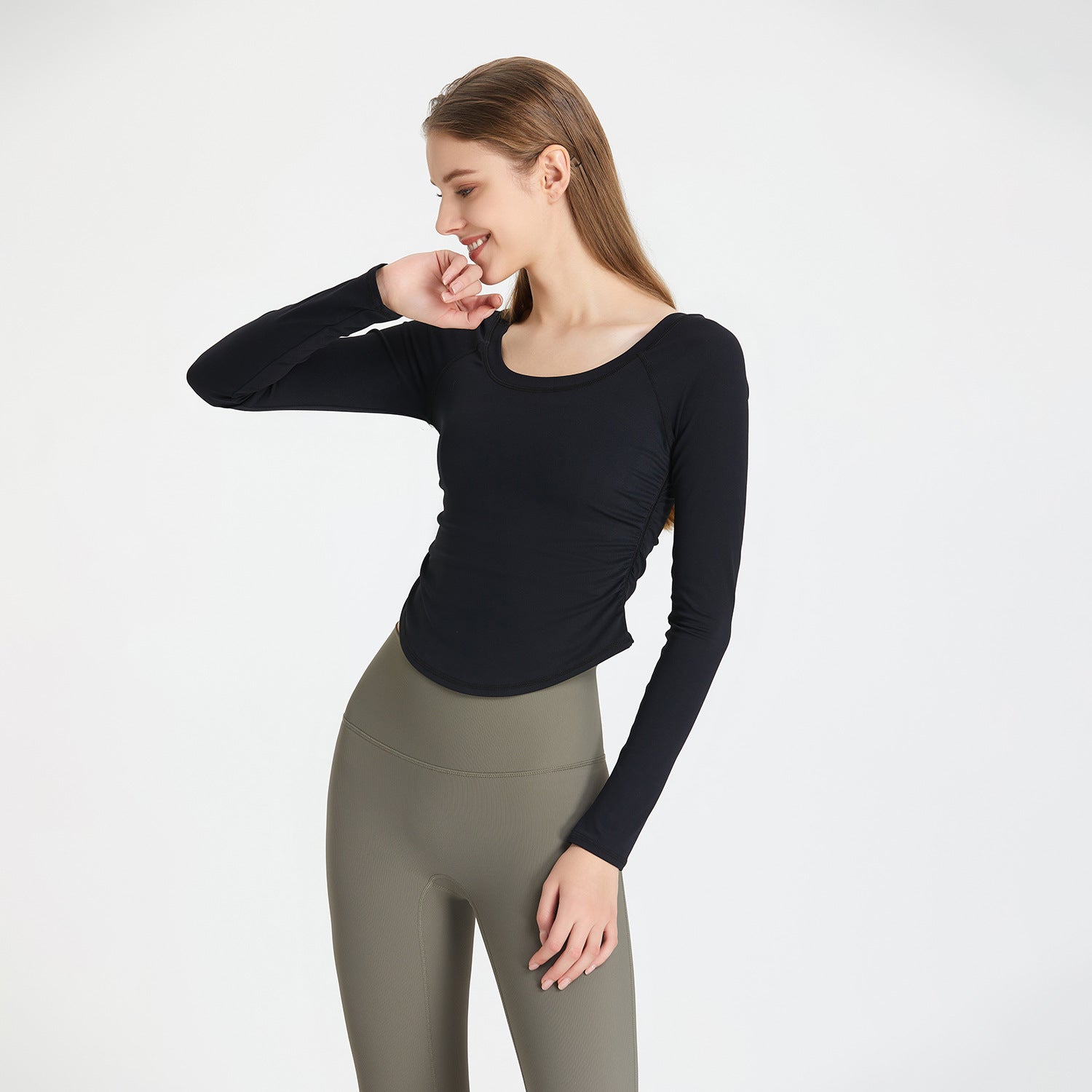 Pleated Nude Feel Yoga Clothing Top Women Quick Drying Workout Clothes High Elastic Tight Sports Long Sleeve