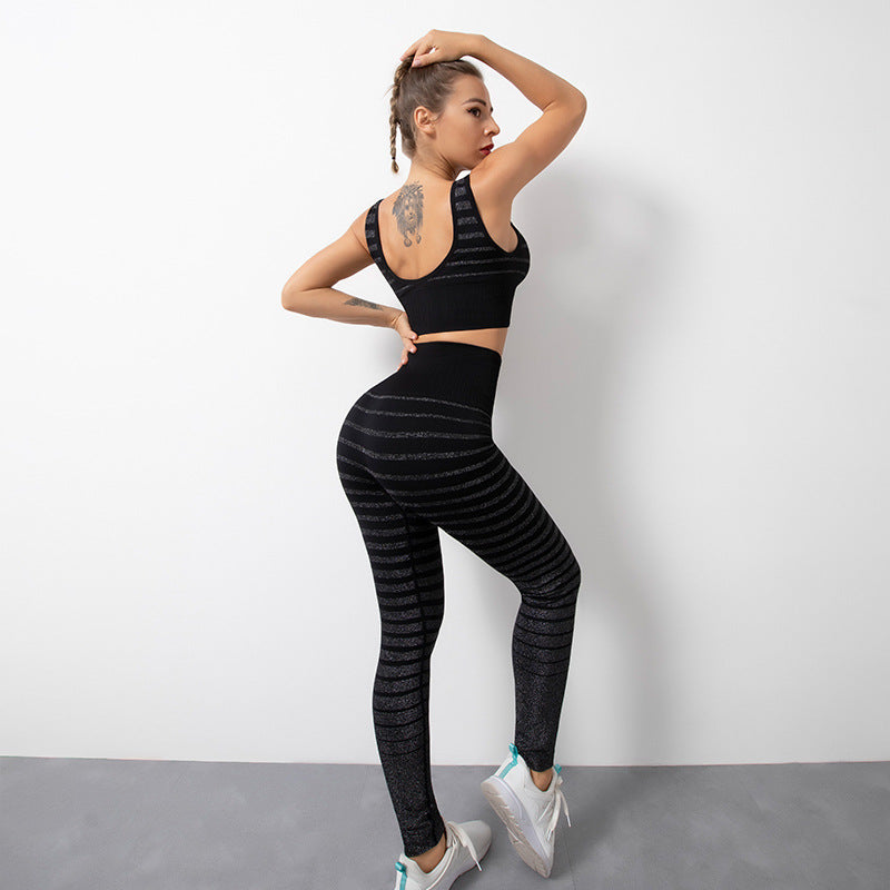 Combinaison de yoga pour femme, rayures argentées dégradées, couleur pêche, sans coutures, très élastique.