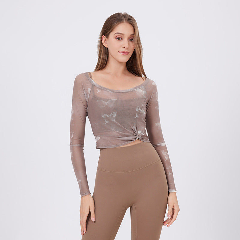 Floral Butterfly Faux Two Piece Sports T Shirt Women Long Sleeve with Chest Pad Yoga Clothes Mesh Top Quick Drying Slimming Workout Clothes