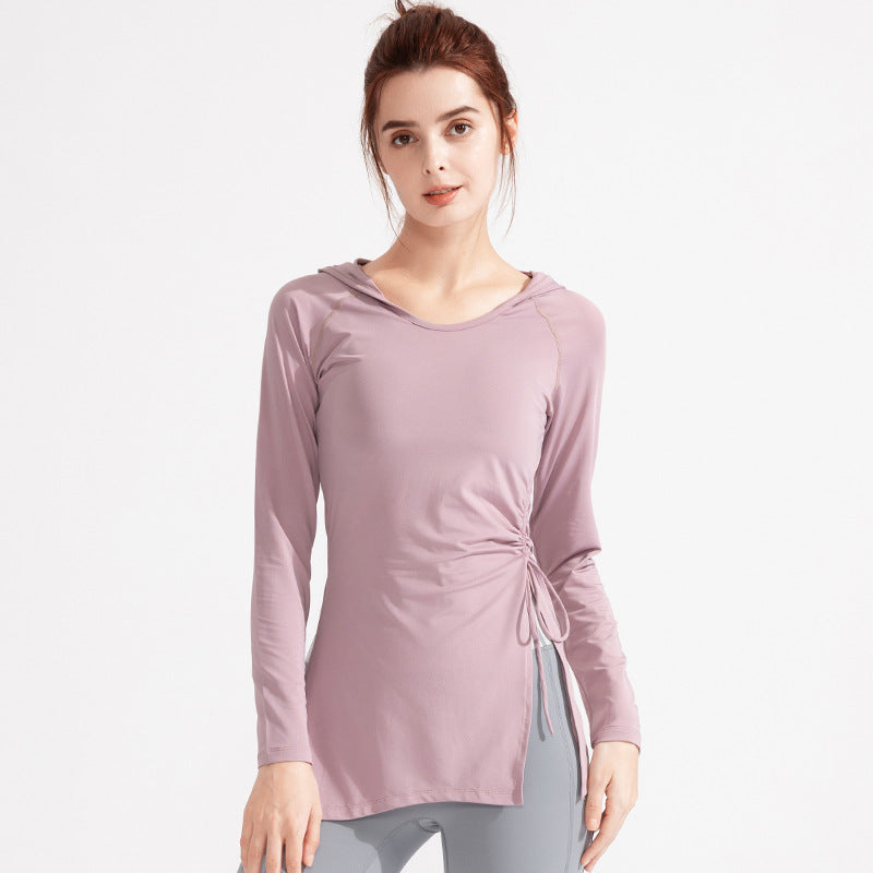 Women Yoga Clothes Workout Clothes Quick Drying Clothes Sports Top Hooded Long Sleeve Lengthened Slim Fit Aerobics Slimming