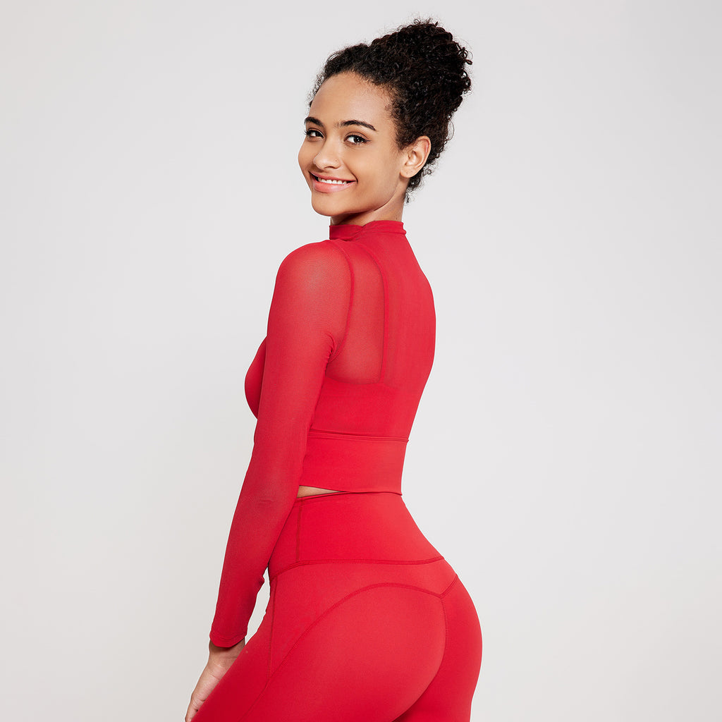 Autumn Winter Turtleneck Sexy Mesh Yoga Clothes Long Sleeve Faux Two Piece Quick Drying Sports Bra Strap Chest Pad Fitness Clothes Top