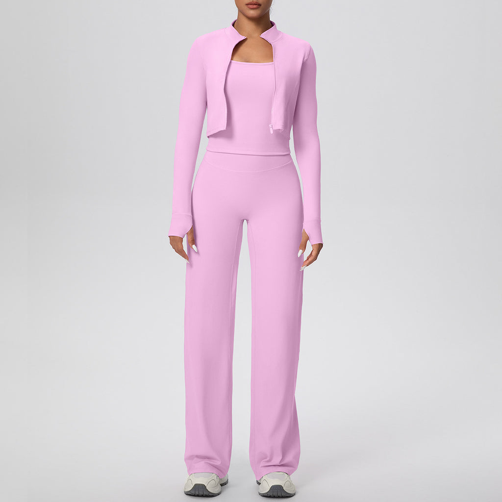 Solid Color Zip Long Sleeve Coat H Shaped Beauty Back Vest Baggy Straight Trousers Workout Clothes Yoga Three Piece Suit