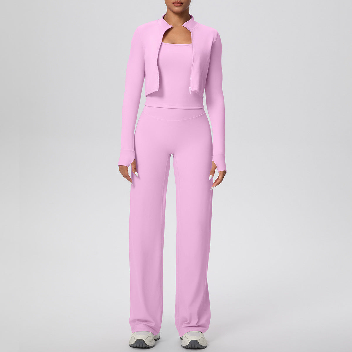 Solid Color Zip Long Sleeve Coat H Shaped Beauty Back Vest Baggy Straight Trousers Workout Clothes Yoga Three Piece Suit