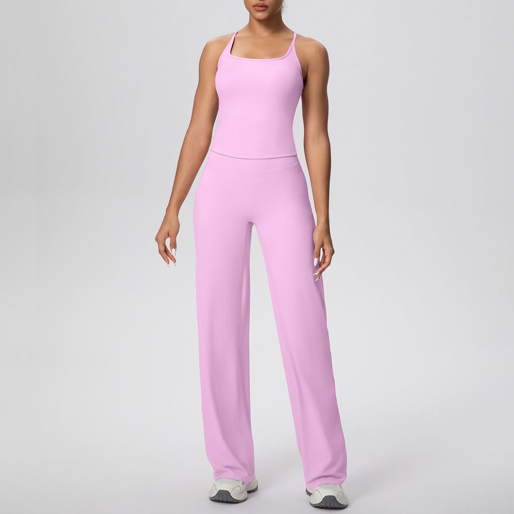 Micro Brushed Solid Color H Shaped Beauty Back Sports Vest Yoga Pants Baggy Straight Trousers Fitness Yoga Wear Suit