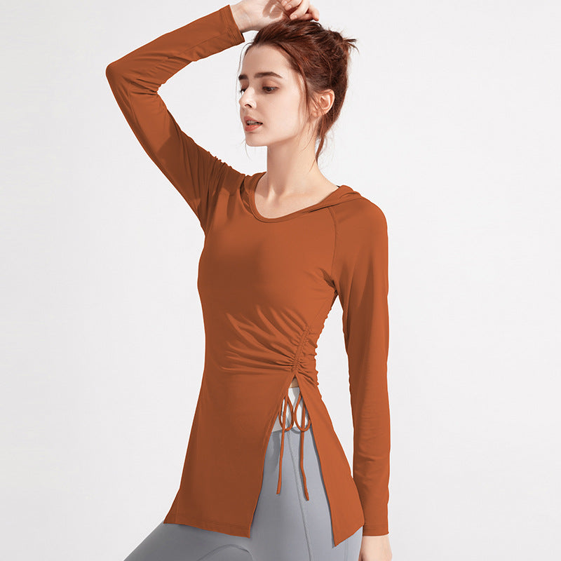 Women Yoga Clothes Workout Clothes Quick Drying Clothes Sports Top Hooded Long Sleeve Lengthened Slim Fit Aerobics Slimming
