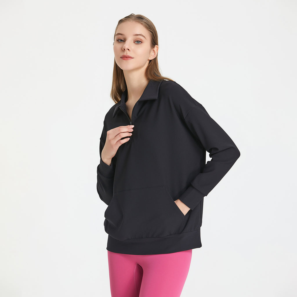 Pull de sport automne-hiver à col côtelé pour femme, fermeture éclair demi-hauteur, idéal pour le yoga, la course et l'entraînement, manches longues