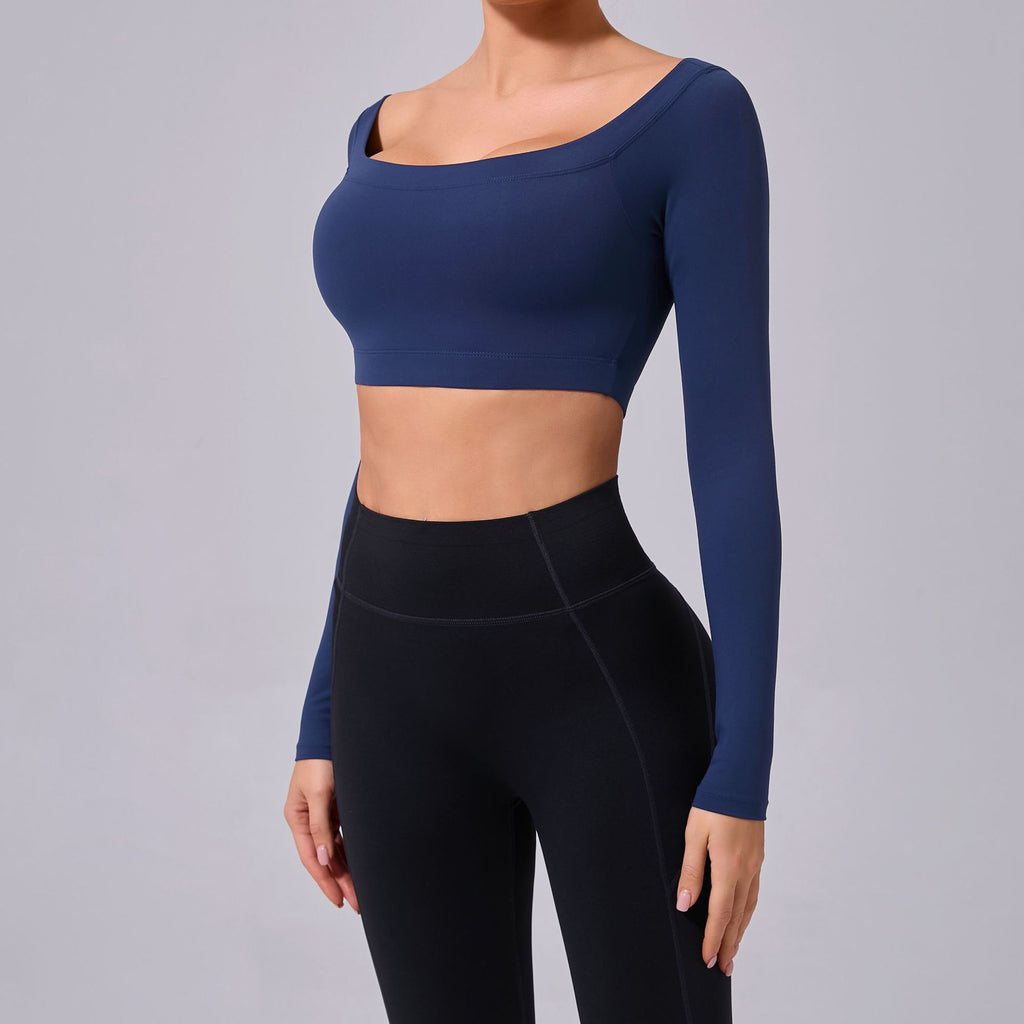 Off Shoulder T shirt Long Sleeve Yoga Clothes Women Brushed Tight Fitness Clothes Outer Sports Running Top