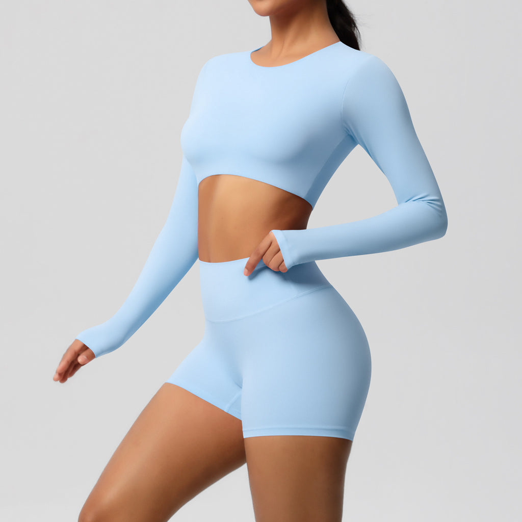 Fitness Clothes Tight Brushed Long Sleeve with Chest Pad Yoga Clothes Pilates Top Sports Shorts Yoga Set