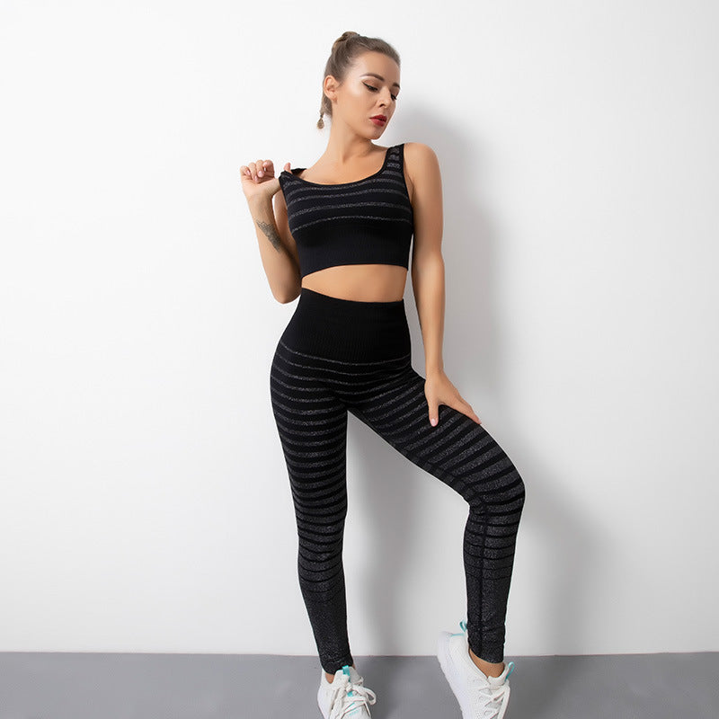 Combinaison de yoga pour femme, rayures argentées dégradées, couleur pêche, sans coutures, très élastique.