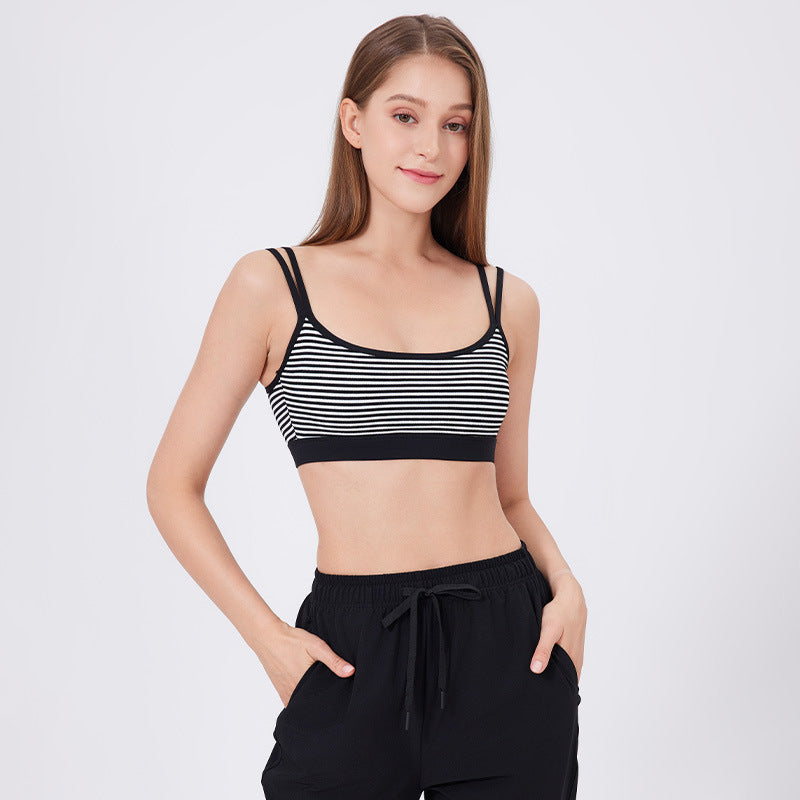 Rib Yoga Vest Women Double Shoulder Strap Sports Underwear Fixed Cup Striped Innerwear Small Sling Beauty Back Fitness Bra