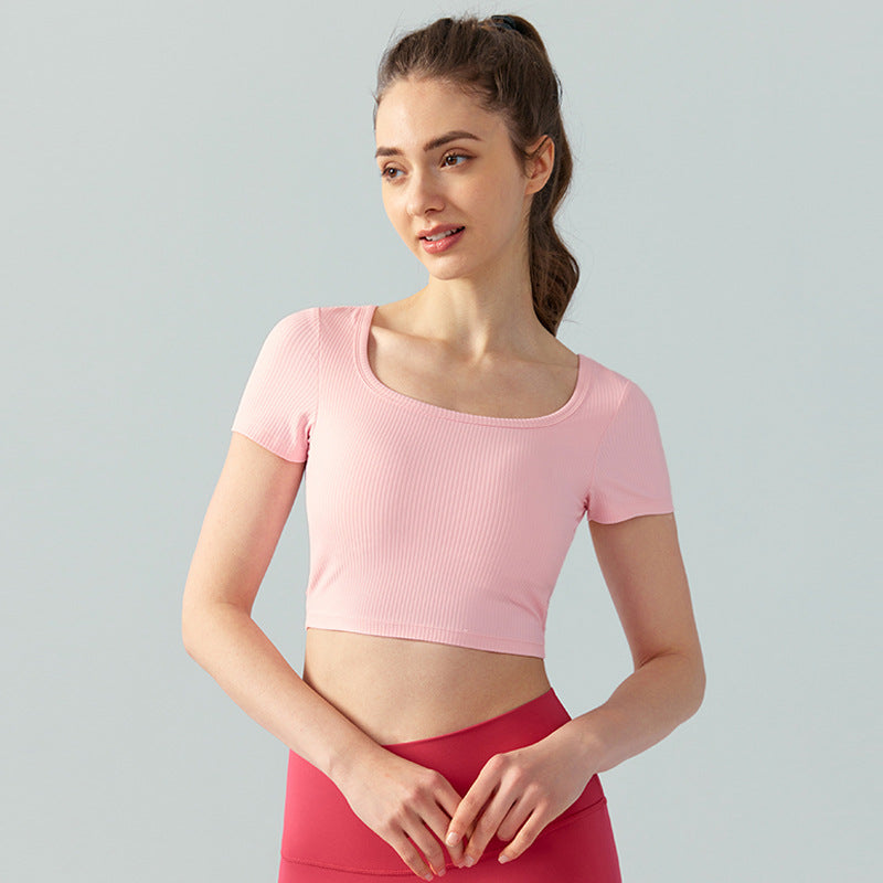Sports Top with Chest Pad Spring Summer Sexy Sexy Running Fitness Yoga Wear Top Women Short T shirt