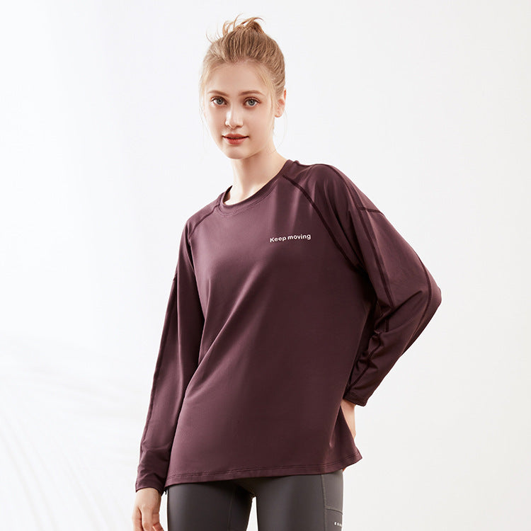 Loose Letter Graphic Loose Yoga Clothes Sports Long Sleeve Women Slit Hemline At Hem T Shirt Casual Long Workout Top