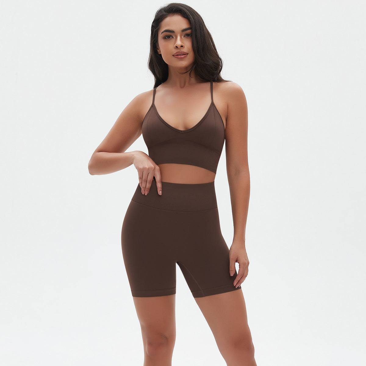 Spaghetti Strap Bra Shorts Suit-Brown