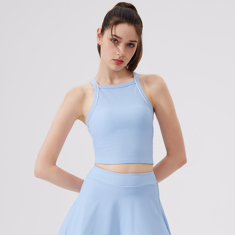 Chaleco de yoga con tacto nude, color contrastante, espalda de belleza, secado rápido, ropa interior tipo halter, sujetador deportivo para correr y fitness para mujer