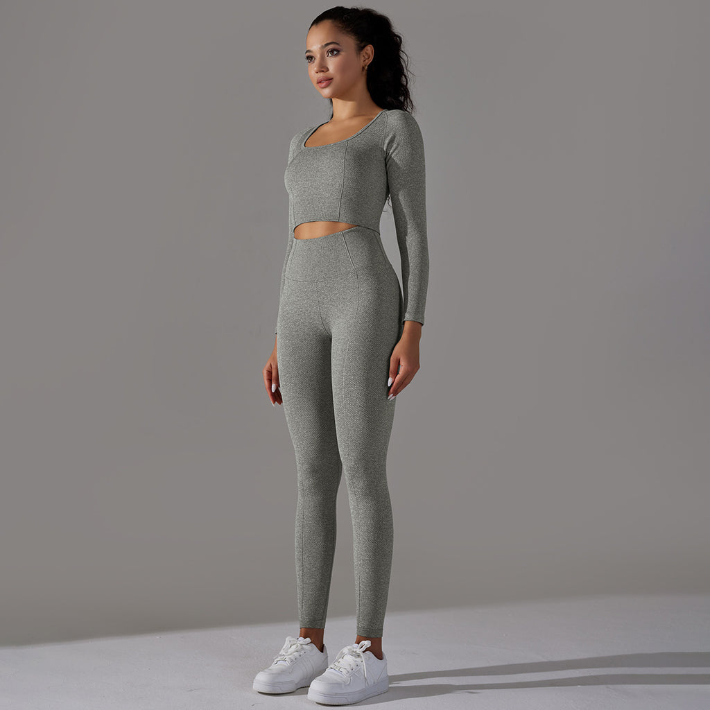 Seamless Knitted Long Sleeve Exercise Workout Pants Quick Drying Jacquard Breathable Hip Lifting Running Yoga Clothes Suit