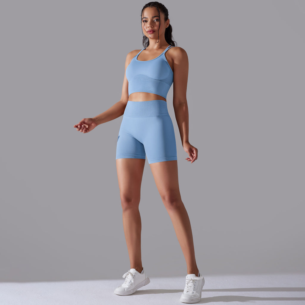 Seamless Knitted Solid Color Beauty Back High Elastic Sports Skinny Yoga Clothes Suit Running Fitness Two Piece Set