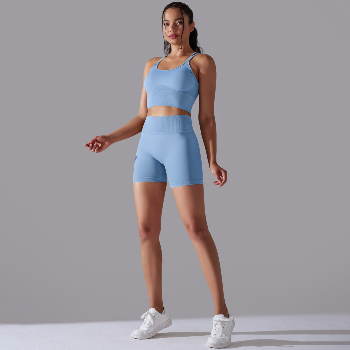 Seamless Knitted Solid Color Beauty Back High Elastic Sports Skinny Yoga Clothes Suit Running Fitness Two Piece Set