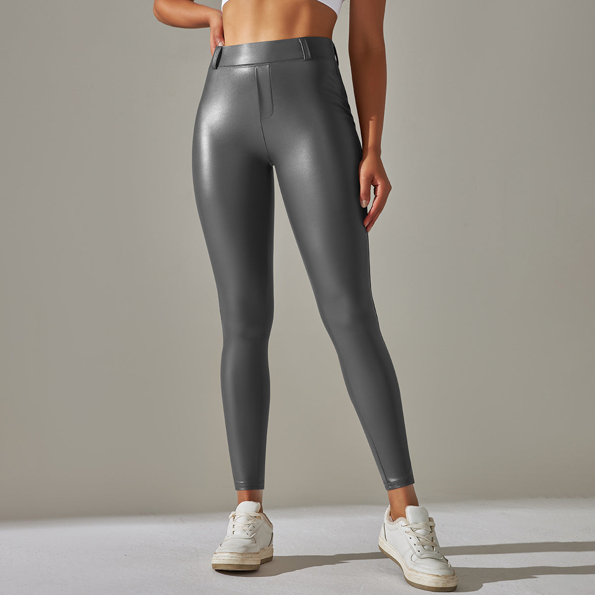 Faux Leather Pants High Elastic Sexy Solid Color Bright Surface Thin Velvet Tight Pocket Fitness Trousers Running Yoga Pants