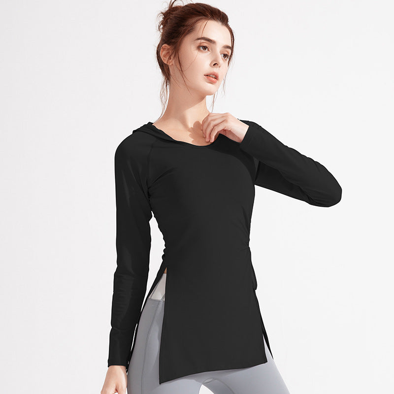 Women Yoga Clothes Workout Clothes Quick Drying Clothes Sports Top Hooded Long Sleeve Lengthened Slim Fit Aerobics Slimming