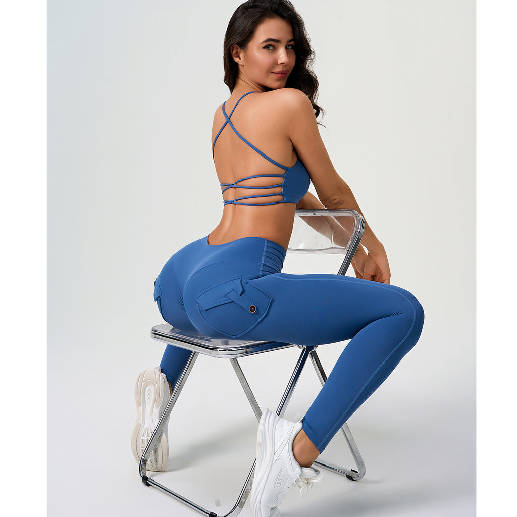 Peach Hip Tooling Nude Feel Tight Pocket Yoga Pants High Waist Stretch Hip Lift Button Quick Drying Running Workout Outfit