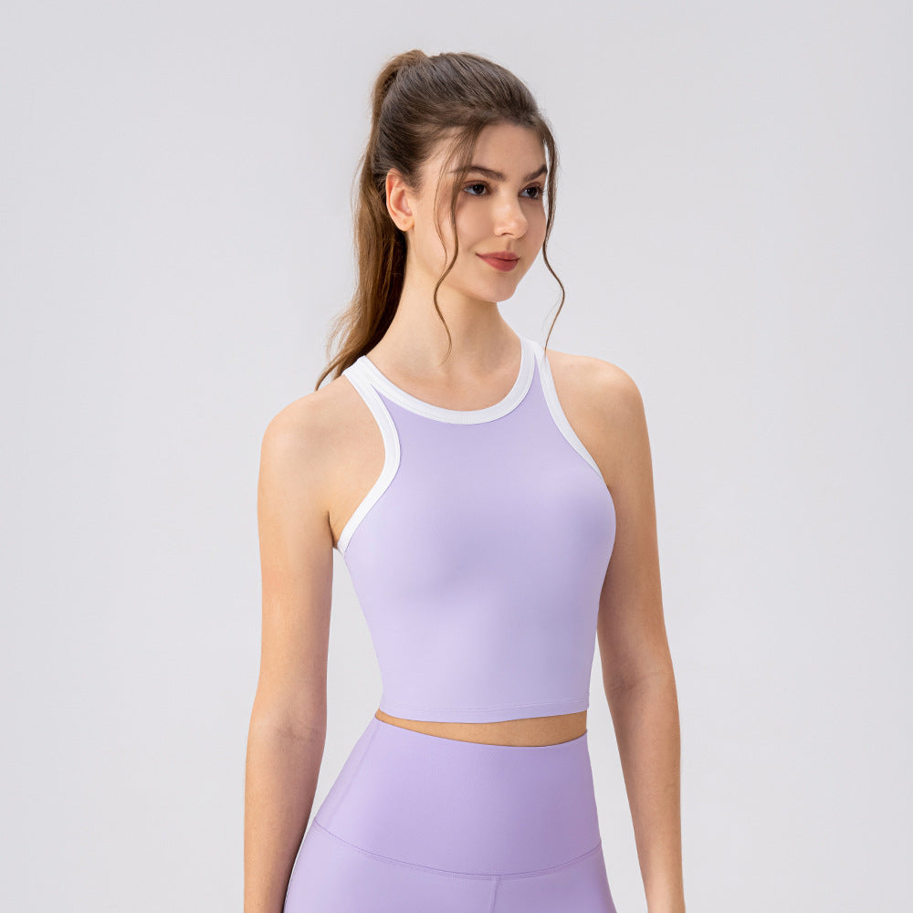 Women Round Neck Yoga Vest Outer Wear Running Fitness I Shaped Vest Color Matching Nude Feel Breathable Sports Underwear