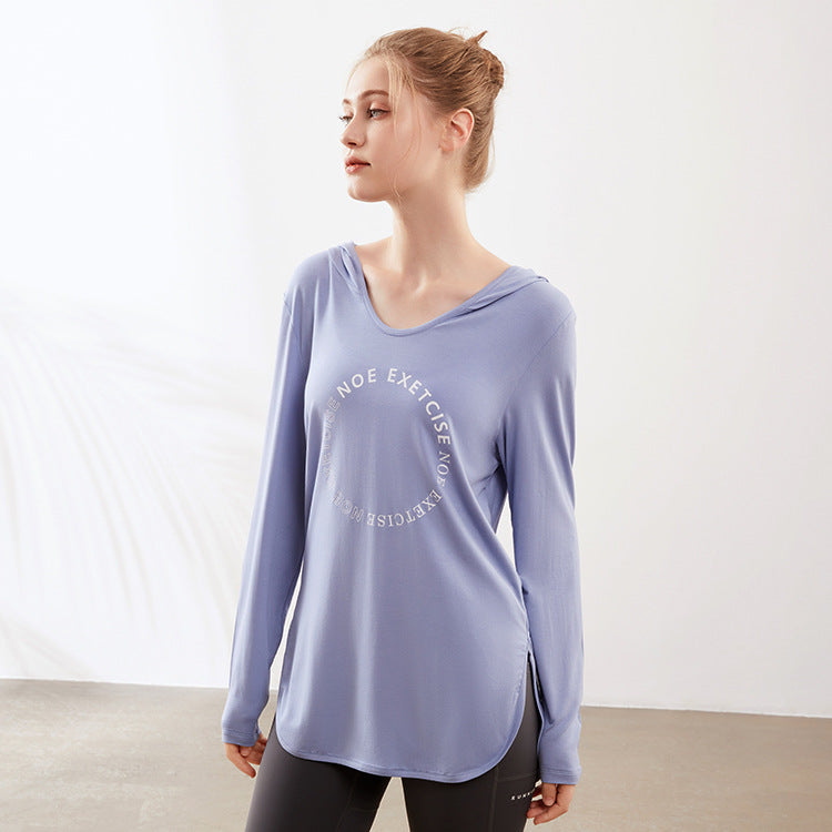 Printed Logo Sports Long Sleeve Breathable Fitness Running Hooded Top Loose Yoga Clothes Women Overall