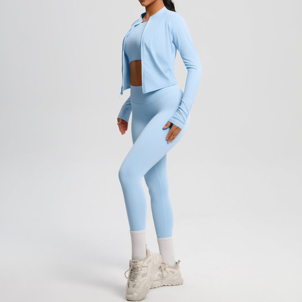 Skinny Yoga Pants Innerwear Short Sleeve Exercise Zip Long Sleeve Coat Workout Clothes Yoga Three Piece Set