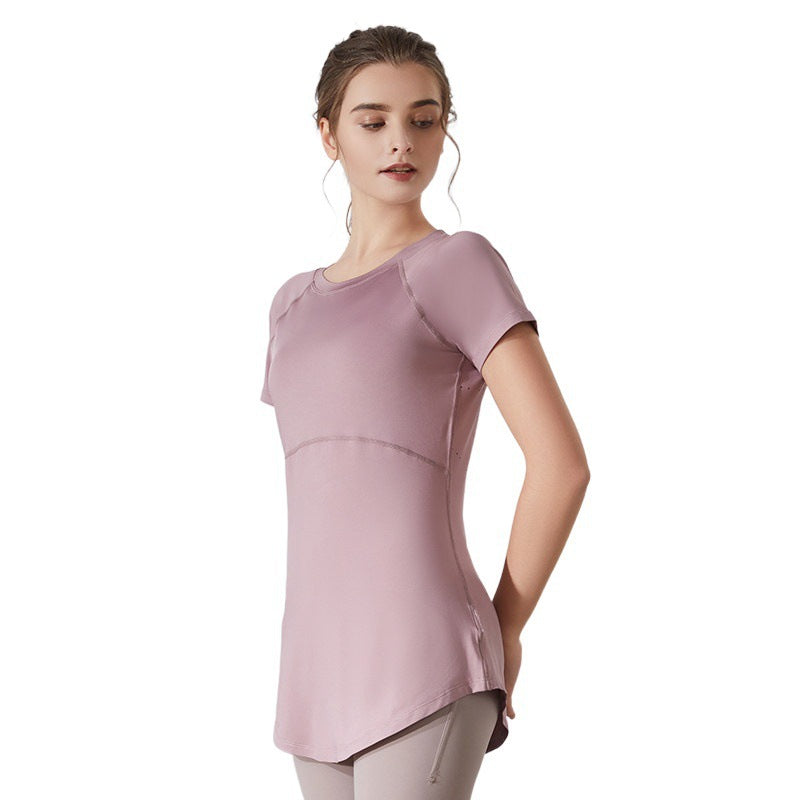 Long Thigh Length Thin Yoga Wear Mesh Beauty Back Breathable Short Sleeve Running Fitness Top Sportswear Women