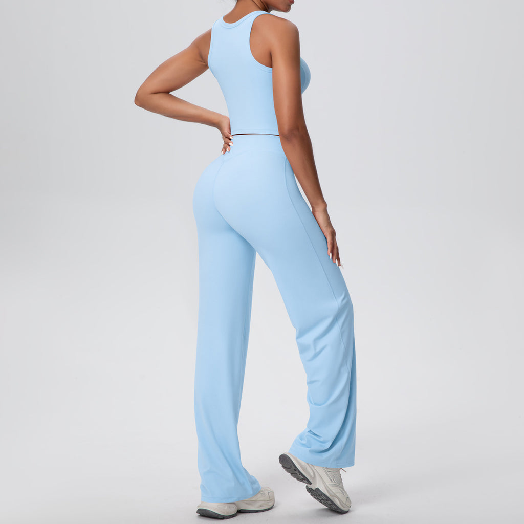 Micro Brushed Solid Color Beauty Back Exercise Vest Yoga Pants Running Baggy Straight Trousers Fitness Yoga Wear Set