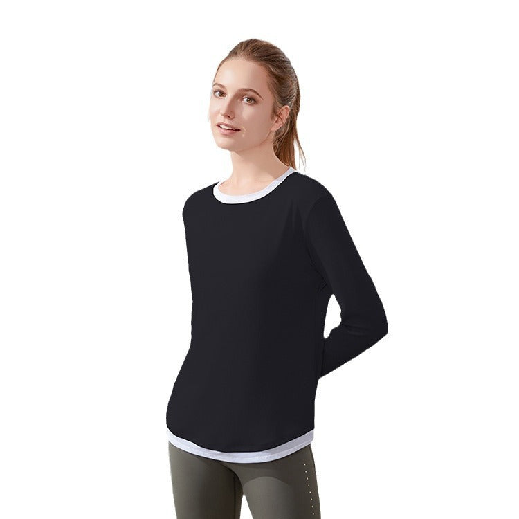 Sports Faux Two Piece Color Matching Long Sleeved Top Women Round Neck Loose Workout Clothes Internet Celebrity Quick Drying Clothes Yoga T Shirt