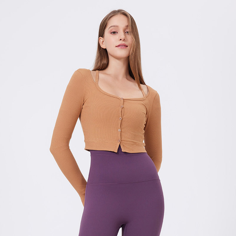 Sports Top Women Tight Buttons Sexy Slimming Yoga Clothes Threaded Long Sleeve Internet Celebrity Running Fitness Clothes Cardigan