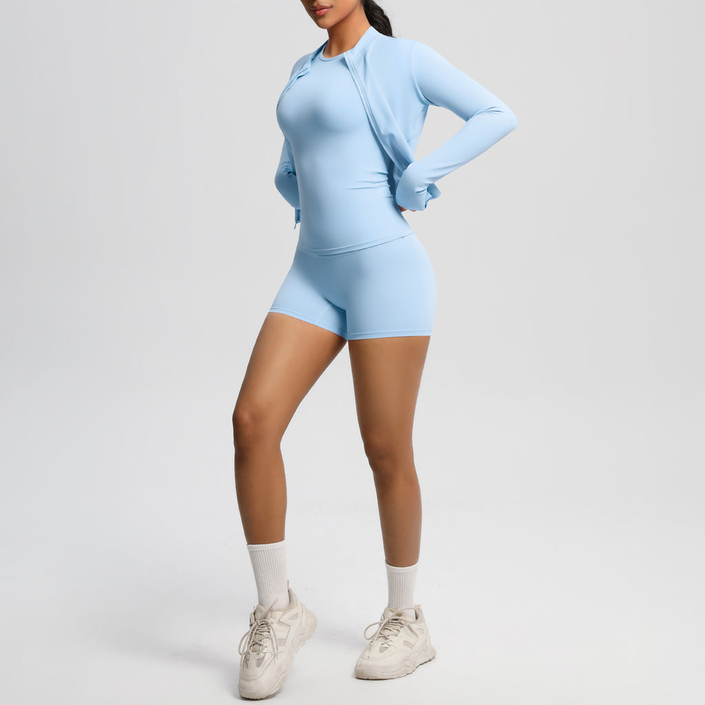 Sports Casual Zip Coat Nude Feel Skinny Inner Match Short Sleeve Yoga Suit Fitness Shorts Three Piece Set