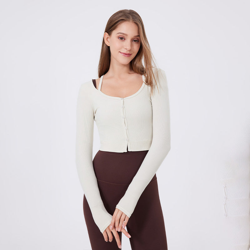 Sports Top Women Tight Buttons Sexy Slimming Yoga Clothes Threaded Long Sleeve Internet Celebrity Running Fitness Clothes Cardigan