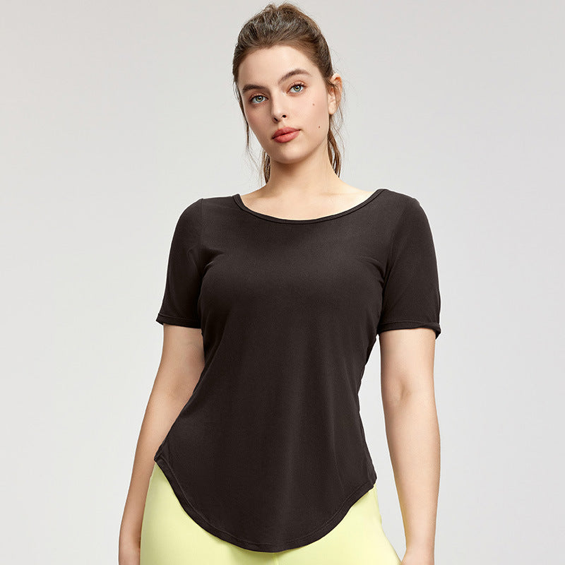Plus Size Blouse Women Backless Twist Yoga T shirt Short Sleeve Plump Girls Lightweight Breathable Sports Fitness Top