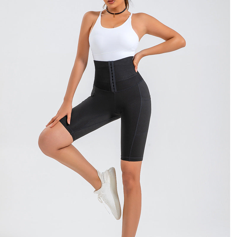 Belly Waist Shaping Fitness Pants Women Tight Running Quick Drying Sports Shorts High Waist Hip Lift Five Point Pocket