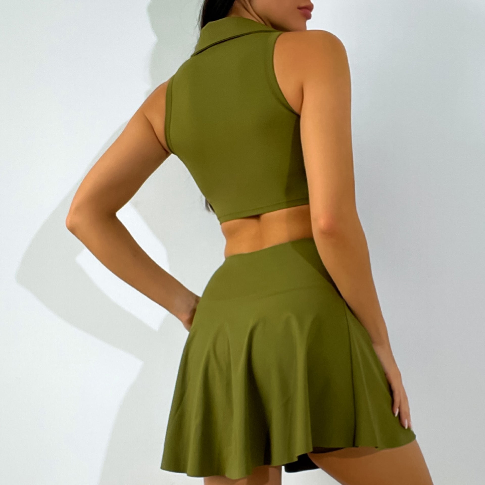 Yoga Clothes Women Summer Shirt Collar Yoga Vest Faux Two Pieces High Waist Anti-Exposure Yoga Exercise Skirt Outfit