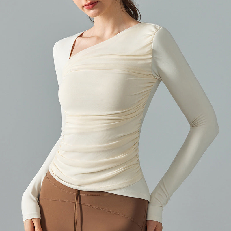 Diagonal Collar Fitness Clothes Women Casual All Match Yoga Clothes With Chest Pad Long Sleeve Irregular Asymmetric Design Sports Top