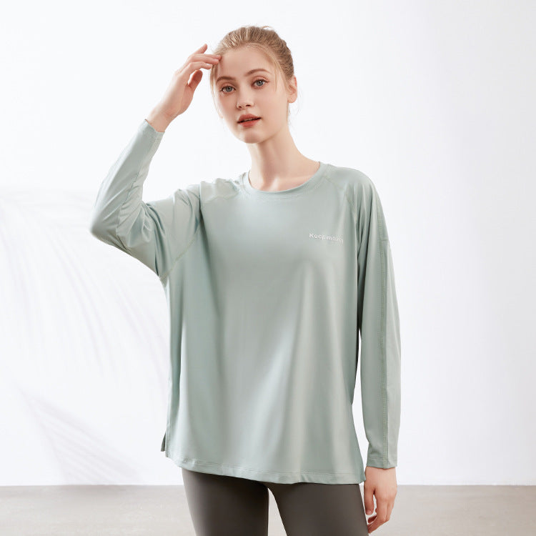 Loose Letter Graphic Loose Yoga Clothes Sports Long Sleeve Women Slit Hemline At Hem T Shirt Casual Long Workout Top