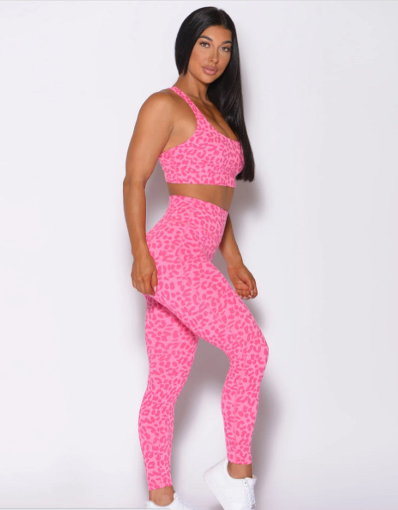Leopard Print Skinny Trousers Fitness Yoga Wear Suit Shockproof Sports Waistcoat Suit Women