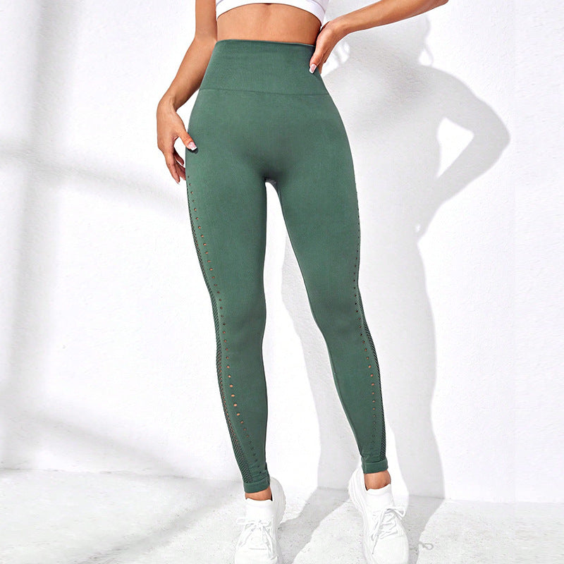 Seamless Knitted High Waist Peach Hip Workout Exercise Pants High Elastic Hollow Out Cutout Mesh Breathable Yoga Pants