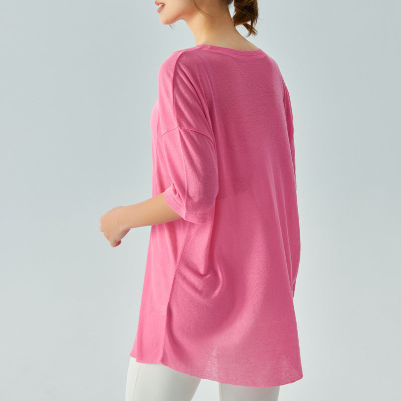 Spring Summer Sports Top Side Slit Skin Friendly Tencel Loose Fitness T shirt Lightweight Breathable Yoga Blouse