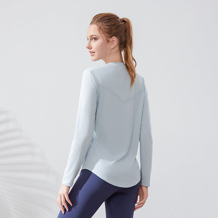 Quick Drying Stretch Skin Friendly Seamless Weaving Yoga Fitness Running T Shirt Sports Loose Breathable Mesh Long Sleeve Women