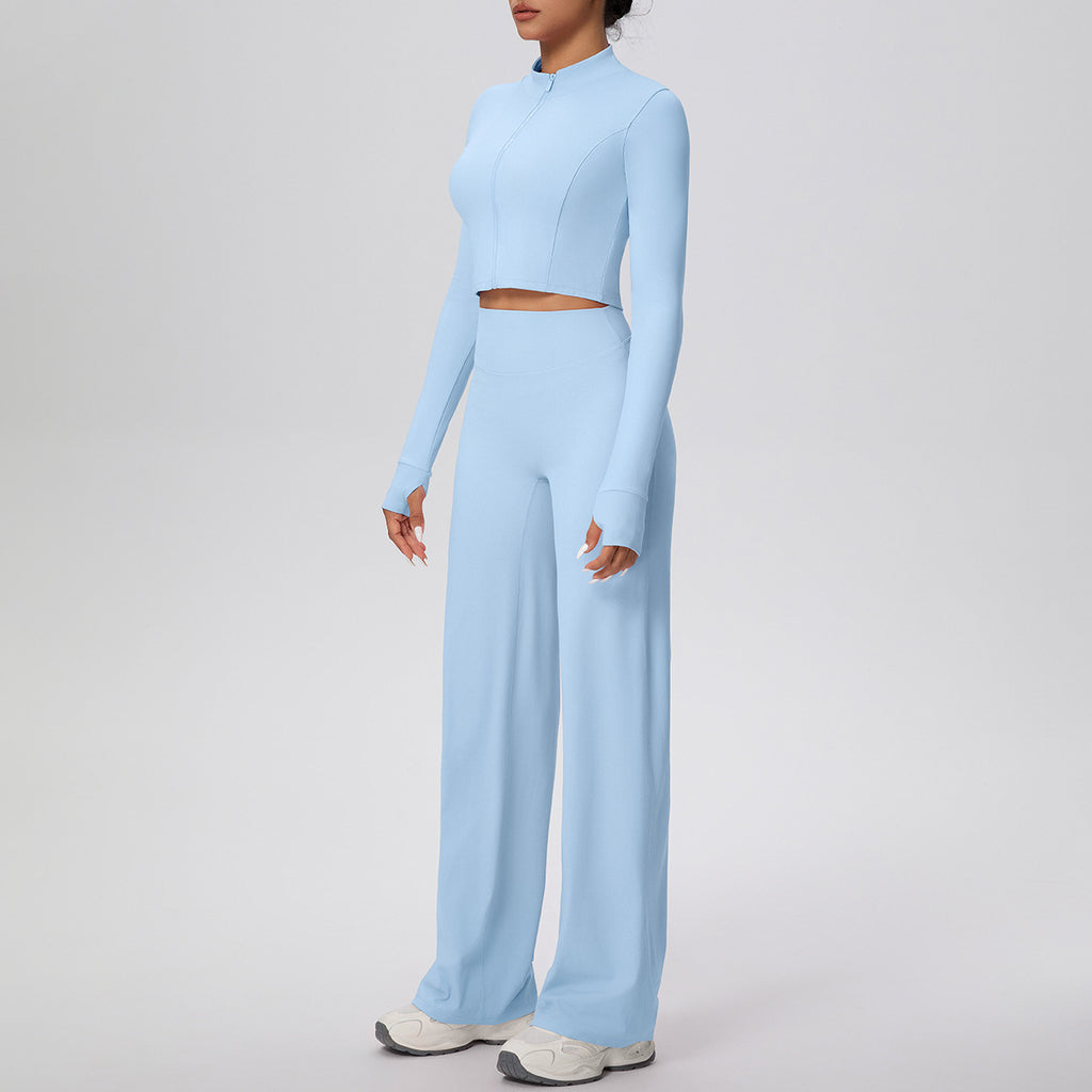 Micro Brushed Solid Color Zipper Jacket Sports Long Sleeve Running Baggy Straight Trousers Fitness Yoga Wear Suit Women