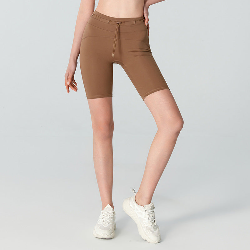 Nude Feel Drawstring Yoga Shorts Women High Waist Hip Lift Tights Medium Tenacity Running Sports Fitness Cycling Pants