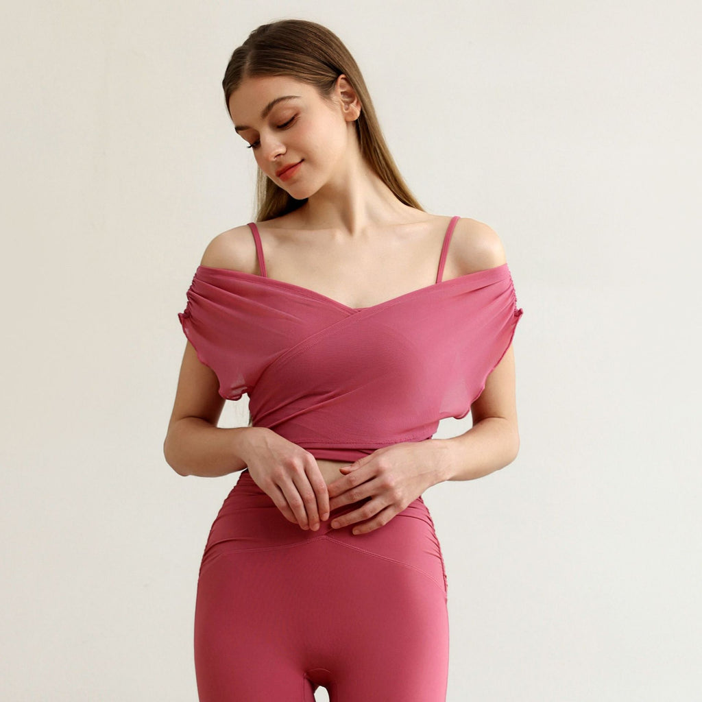 Mesh Yarn False Two Pieces Sports Top Women Yoga Clothes Vest with Chest Pad Sexy Breathable Workout Bra T shirt