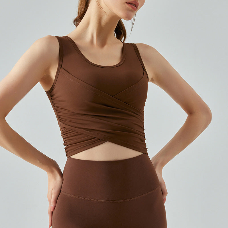 Summer Nude Feel Yoga Vest Cross Pleated with Chest Pad Beauty Back Skinny Inner Match Yoga Sports Fitness Yoga Wear